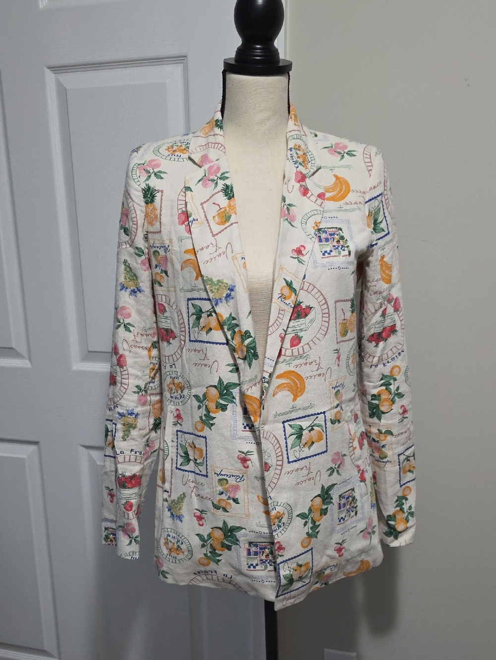 Rachel Zoe French Fruit Print Linen Blend Blazer Mediterranean Resort Style XS